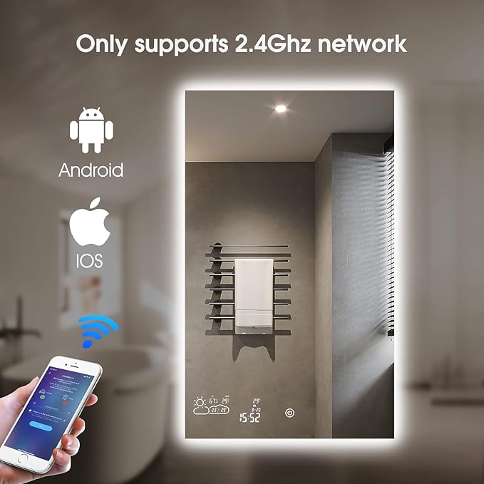 24X40 LED Bathroom Mirror with Lights, WiFi Smart Bluetooth Lighted Vanity Mirror for Bathroom with Backlit 2 Colors Dimmable Enabled Weather Display, Anti-Fog Vertically Hang Only