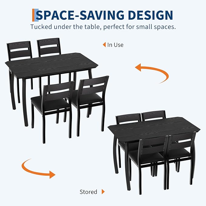 GAOMON 5 Piece Dining Table Set for 4, Space-Saving Kitchen Table with Upholstered Chairs, Modern Angled Corner Design, Compact Dinner Set for Small Spaces, Apartment, Dining Room, Black
