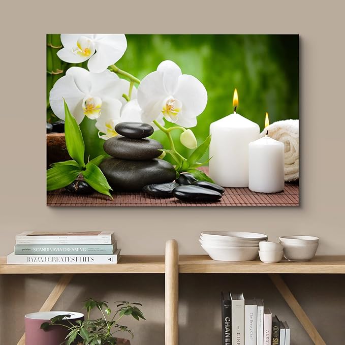 wall26 Canvas Print Wall Art Basalt Stones & Orchids on Wood Panel Nature Floral Photography Realism Rustic Colorful Multicolor Ultra for Living Room, Bedroom, Office - 32"x48"