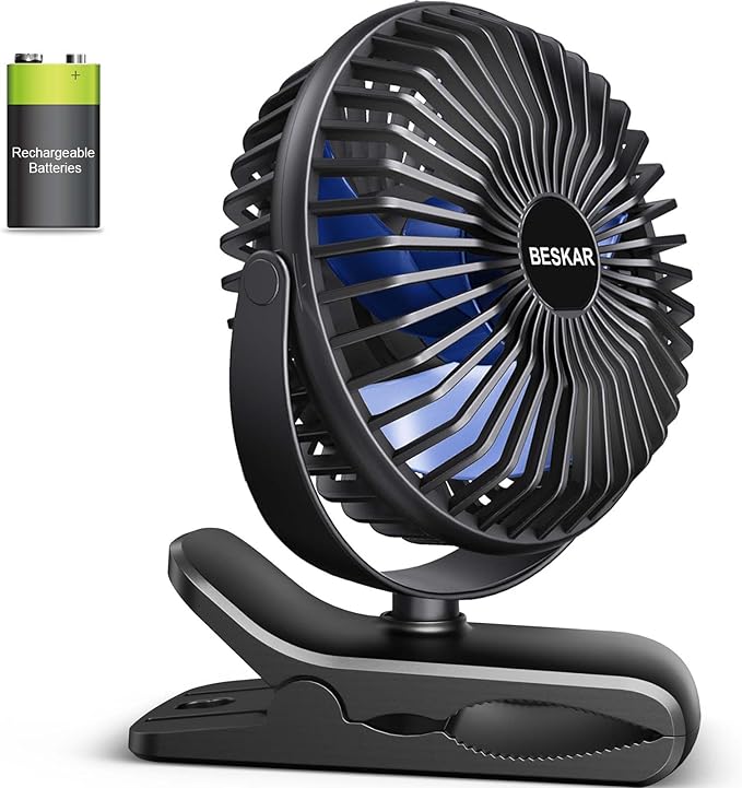BESKAR Portable Clip on Fan Rechargeable, 4 Speeds Small Battery Operated Fans, USB Desk Fan with Strong Airflow, Sturdy Clamp Fans for Golf Cart Office Outdoor Travel Camping