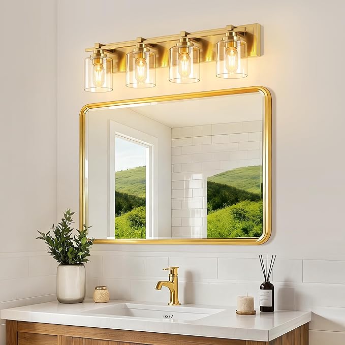 4 Light Modern Bathroom Light Fixtures Over Mirror, Brass Finish Vanity Lights for Bathroom Wall Sconces with Clear Glass Shades, E26 Socket (Bulbs Not Included)