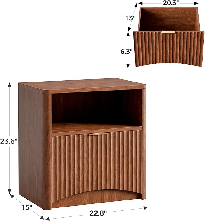 Evermagin Fluted Nightstand Set of 2, Walnut Bedside Table with Drawer and Storage, Wood End Table Mid Century Modern, Large Night Stand for Bedroom