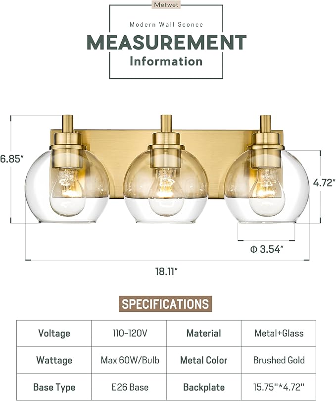 Bathroom Light Fixtures, 3-Light Brushed Gold Vanity Light, Modern Wall Sconces with Clear Glass Globe Shade, Bathroom Wall Lights for Mirror Kitchen Bedroom Hallway Living Room, VL195-GD-3