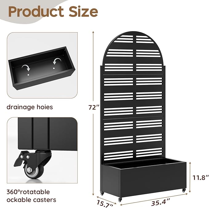 Metal Raised Garden Bed with Trellis & Wheels,72" x 35"x 15.7" Planter Box with Trellis,Privacy Planters for Patio,Garden Bed for Climbing Plants,Suitable for Climbing Plants and Vegetables,Black