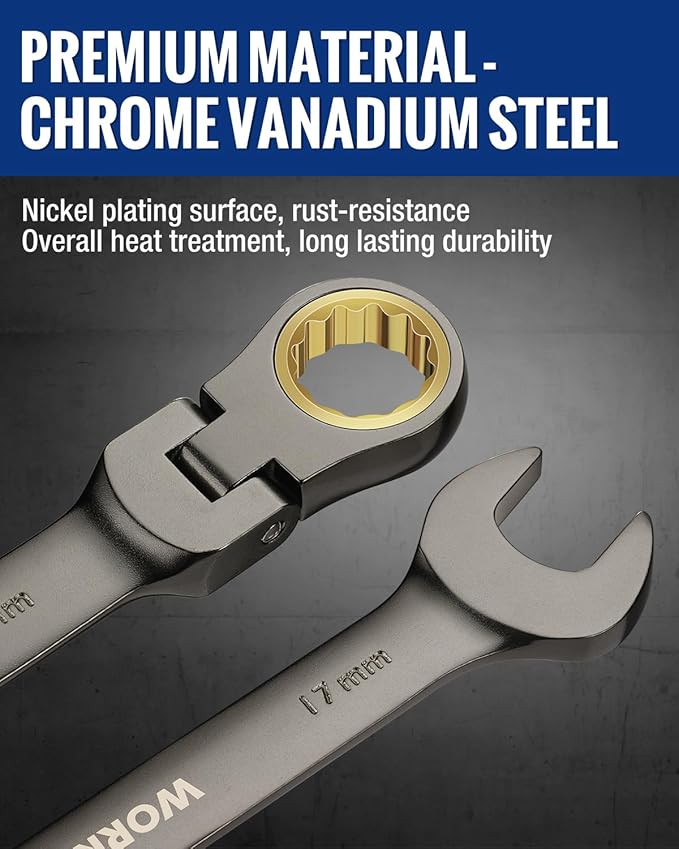 WORKPRO 8-piece Flex-Head Ratcheting Combination Wrench Set, Metric 9-17 mm, 72-Teeth, Cr-V Constructed, Nickel Plating with Organization Bag