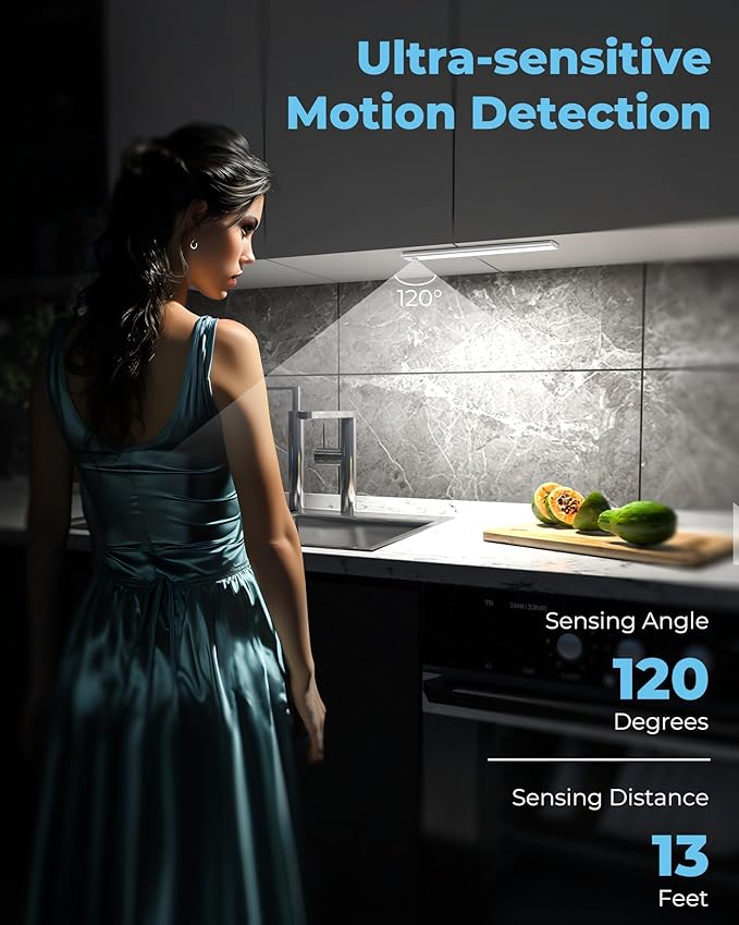 ASOKO Under Cabinet Lights Motion Sensor, 2800mAh Battery Operated Closet Light Rechargeable Under Counter Lights for Kitchen Under Cabinet Lighting Wireless (White,3 Pack-13.8inch)