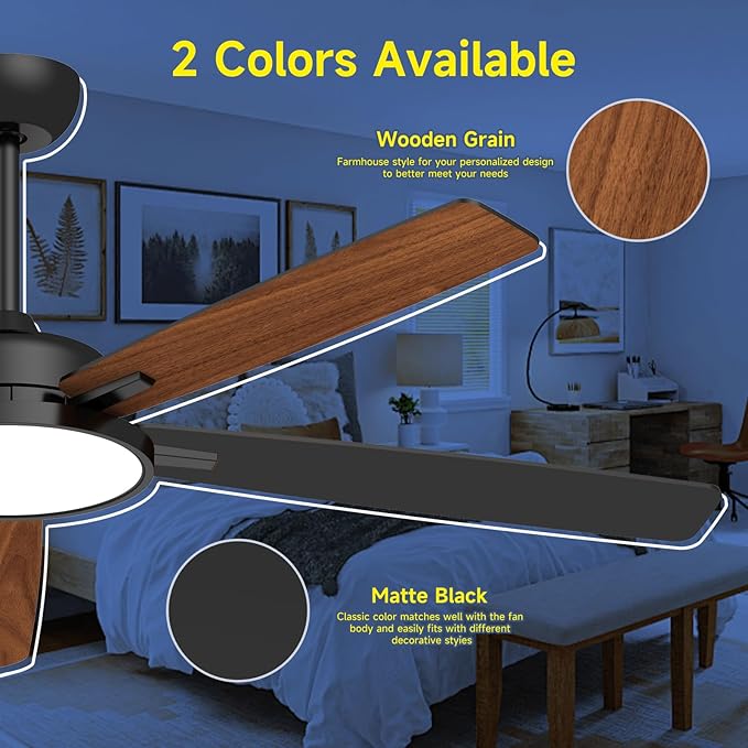 Roomratv Ceiling Fans with Lights,62 Inch Smart Ceiling Fan,Remote and App Control,Dimmable,Reversible,Noiseless, Compatible with Alexa,Google Home,Large Black Modern Ceiling Fan for Indoor/Outdoor