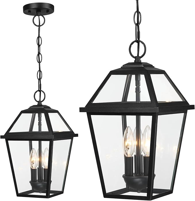 Modern 3-Light Large Outdoor Pendant Light for Porch, 16" Matte Black Exterior Hanging Light Fixture, IP65 Waterproof Anti-Rust Outdoor Chandelier Lantern for Front Door, Balcony, Sloped Ceiling