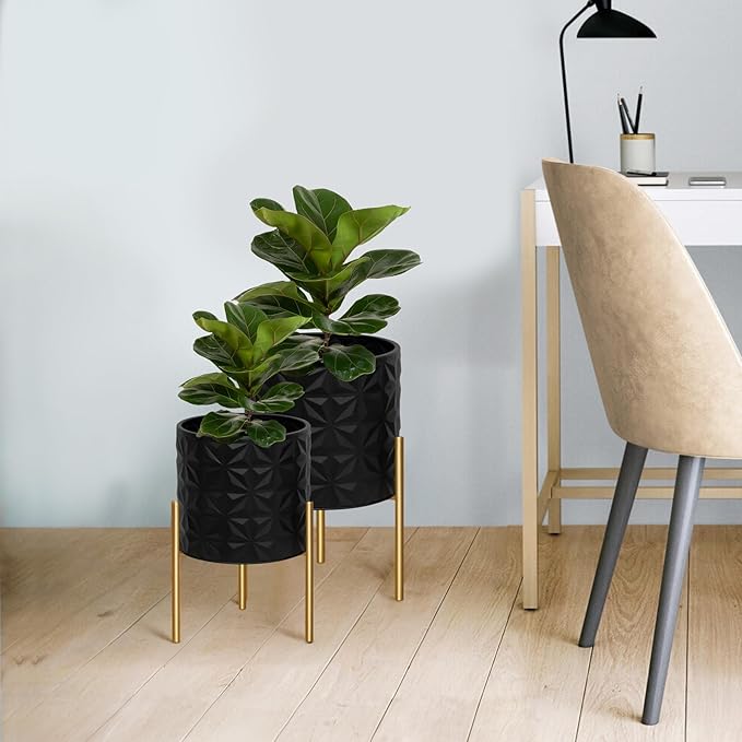 ARNIS Modern Planter Pots, Set of 2 Large Planters with Stand, Decorative Planters, Metal Pots with Drainage Holes for Living Room, Office, Garden or Balcony, 8.25 &10.5 Inch, Matte Black