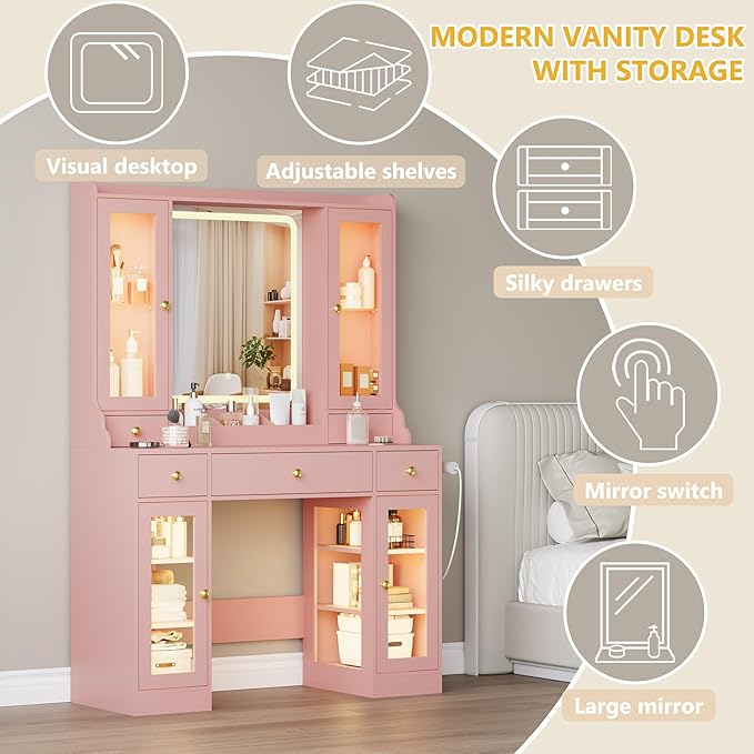 Vanity Desk with Mirror and Lights, Pink Makeup Vanity Table with 3 Modes & Adjustable Brightness, Glass Cabinets, Drawers, Outlet, Modern Dressing Table for Bedroom, Girls, Women, Teens