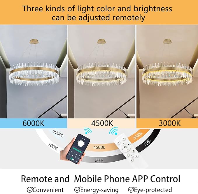 Glam Crystal Chandelier Interior Ring Chandeliers with Remote Dimmable LED Light Adjustable Hanging Lights Luxury Ceiling Pendant Lighting Fixtures for Living Dining Bedroom Foyer Gold Light