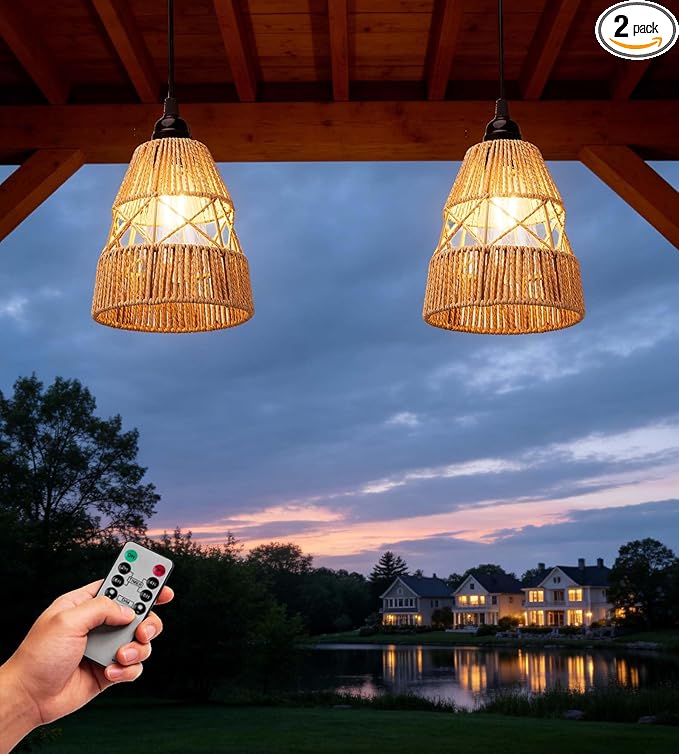 Battery Operated Chandelier Outdoor Waterproof, 2 Pack Hanging Pendant Light with Remote Control for Gazebo, Pergola, Porch, Balcony, Shed, Patio, Garden Decor