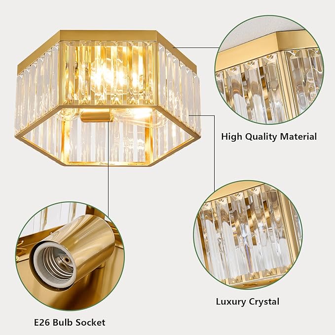 SGLfarmty 13.7 Inch Brass Flush Mount Ceiling Light, 3-Light Modern Ceiling Lights Fixture with Hexagon Crystals, Luxury Gold Ceiling Lamp for Bedroom Dining Room Entryway Hallway