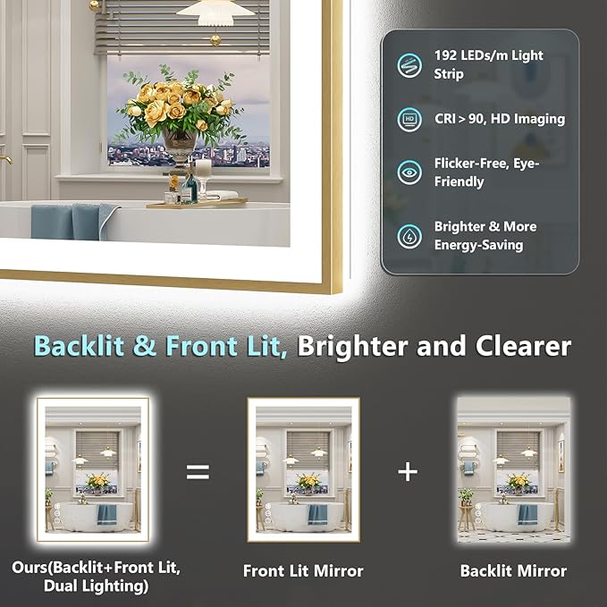 24x36 Gold LED Bathroom Mirror with Lights, Brushed Gold Framed Backlit and Front Lit Anti-Fog Lighted Vanity Mirrors for Bathroom Wall, Dimmable, 3 Colors, Memory, HD Tempered Glass, CRI＞90