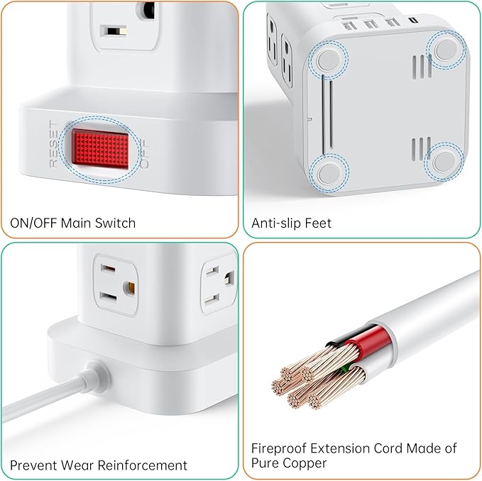 PD20W Power Strip Tower Surge Protector Power Strip with USB 12 Outlets with 4 USB Ports (1 USB C), Flat Plug 10FT Extension Cord Multi Plug Outlet Extender Overload Protection for Home Office