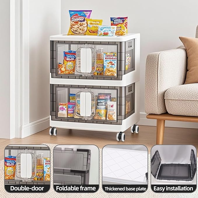 Folding Storage Organizer with Silent casters | Stackable Design for Home & Office, Heavy-Duty Plastic Storage Bin with Clear Door, 3 Sizes (19.5/23.5/27.5in),Black/White (19.7" 3 layer, White)