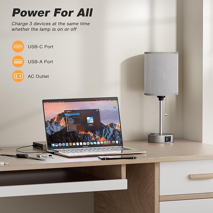 Dicoool Small Bedside Table lamp for Bedroom - 3 Color Temperatures Bedside Lamps with USB Ports for Housewarming, Pull Chain Table Lamps with AC Outlet, Nightstand Lamps for Kids Reading