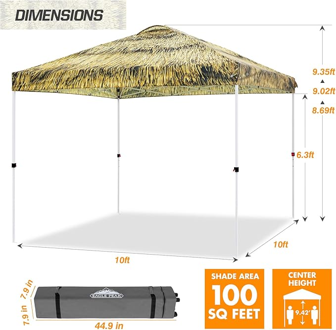 EAGLE PEAK Pop Up Canopy Tent with Wheeled Carry Bag, 8 Stakes, 4 Ropes, 4 Weight Bags, Easy Set Up Tent Canopy, 10x10 ft, 100sqft of Shade, Tiki