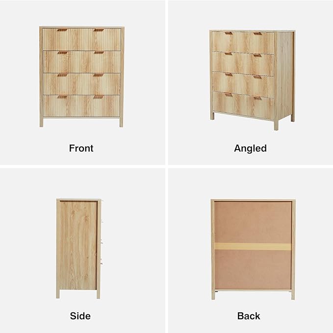 4 Drawer Dressers for Bedroom, Modern Closet Chest of Drawers with Waveform Fluted Panel, Large Wood Storage Dresser Organizer for Nursery Bedroom Living Room Hallway Closet, Natural