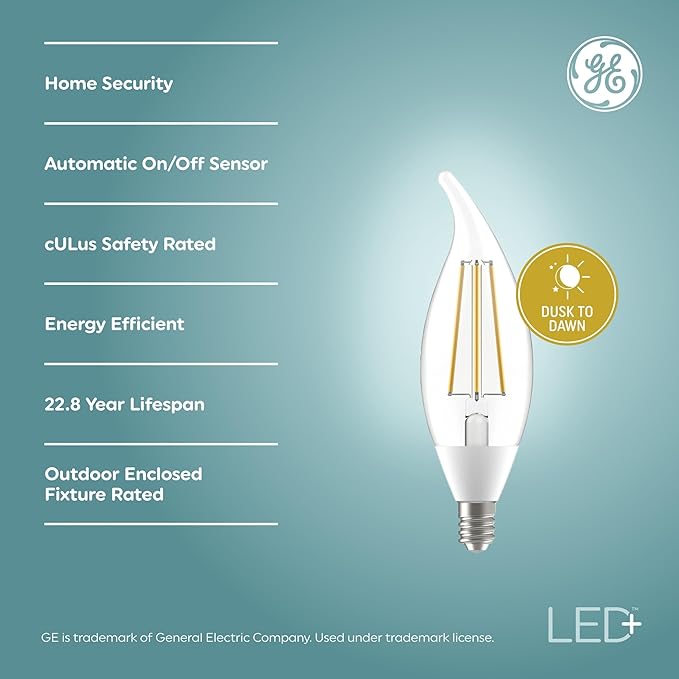 GE LED+ CA11 Dusk to Dawn LED Light Bulbs, Automatic On/Off Outdoor Security Lights, Daylight, E12 Candelabra Base (2 Pack)