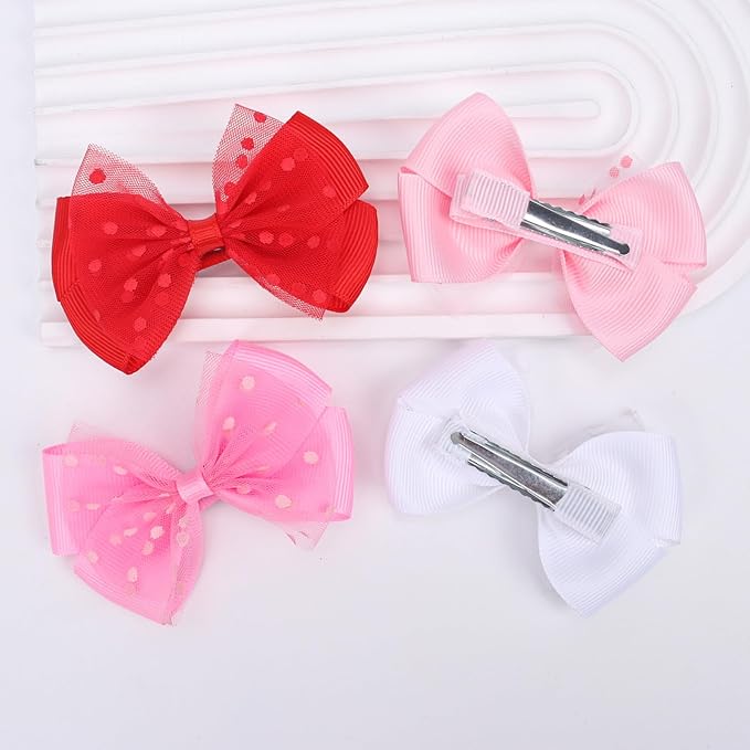 Tiny 3 Inch Dot Organza Double Hair Bow Clips - Cute Lined Boutique Alligator Hairpin for Girls, Toddlers, and Little Teens - Kids Barrettes Set of 2 Small Stylish (Light Pink)