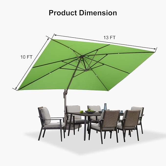 PURPLE LEAF 9' X 11.5' Rectangle Cantilever Umbrella Patio Umbrella Outdoor Aluminum Offset Hanging Umbrella with 360-degree Rotation for Pool Garden Backyard Deck, Green