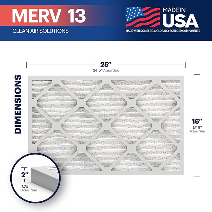 BNX TruFilter 16x25x2 Air Filter MERV 13 (4-Pack) - MADE IN USA - Electrostatic Pleated Air Conditioner HVAC AC Furnace Filters for Allergies, Pollen, Mold, Bacteria, Smoke, Allergen, MPR 1900 FPR 10