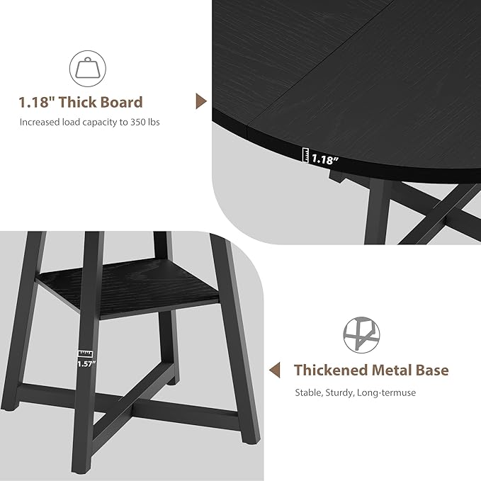 GAOMON Industrial Round Dining Table, 47 Inch Round Kitchen Table for 4, Dinner Table with Wooden Top and Metal Base for Dining Room, Living Room (Black, 47.2 in w/Storage)