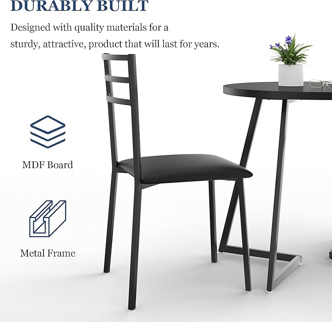 VECELO Small Round Kitchen Table with 2 Upholstered Chairs, 3-Piece Wood Dinette Sets with Steel Frame for Breakfast Nook, Dining Room, and Small Space, Wood-Grain Black