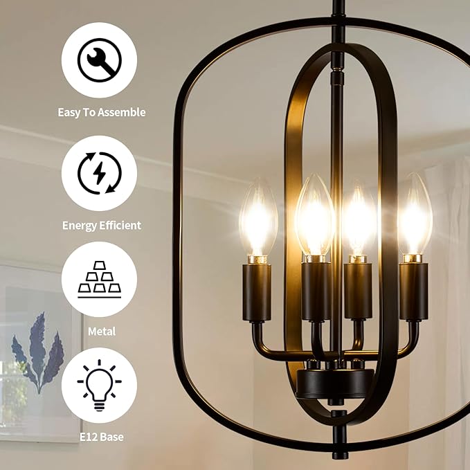 Black Chandelier Light Fixture, 4-Light Dining Room Chandelier Over Table Farmhouse Rustic Small Entryway Chandeliers Hanging Island Pendant Lights for Kitchen Entryway Foyer Living Room