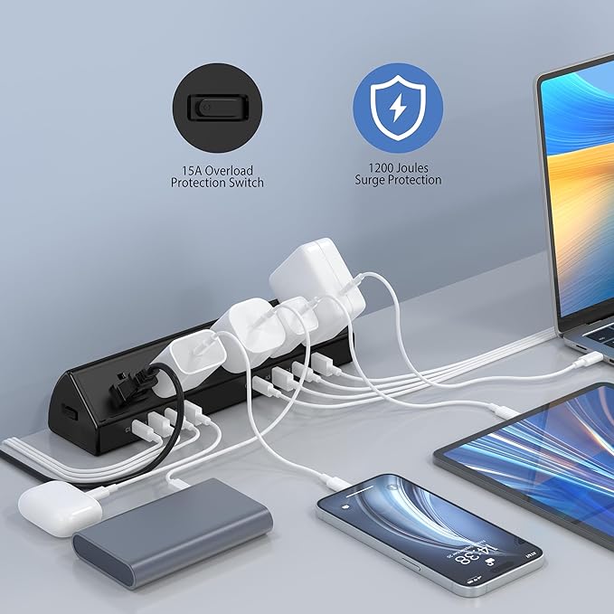 Desk Clamp Power Strip 65W Fast Charging Station,4 PD USB-C,5 Outlets,Nightstand Desk Edge Mount Tower Surge Protector,15 Amp Heavy Duty Power Strip,Fits 1.96" Tabletop Edge (Black, 10 FT Cable)