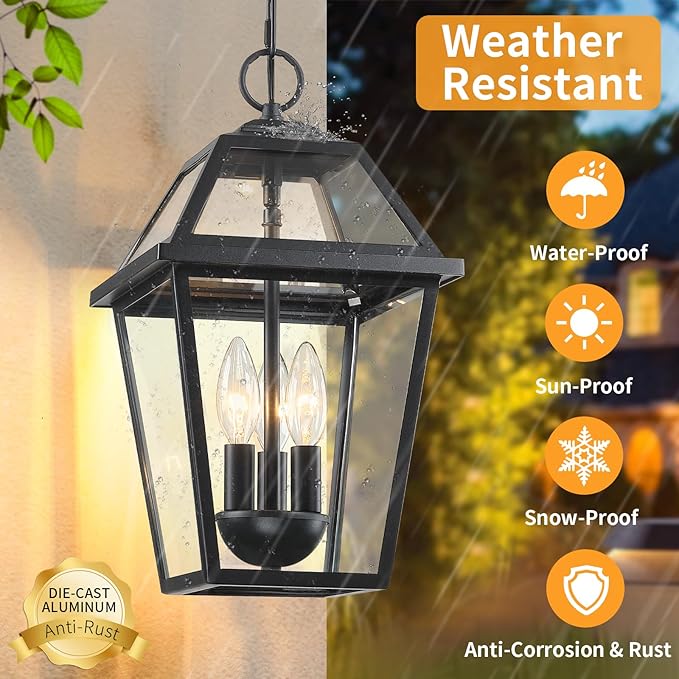 Modern 3-Light Large Outdoor Pendant Light for Porch, 16" Matte Black Exterior Hanging Light Fixture, IP65 Waterproof Anti-Rust Outdoor Chandelier Lantern for Front Door, Balcony, Sloped Ceiling