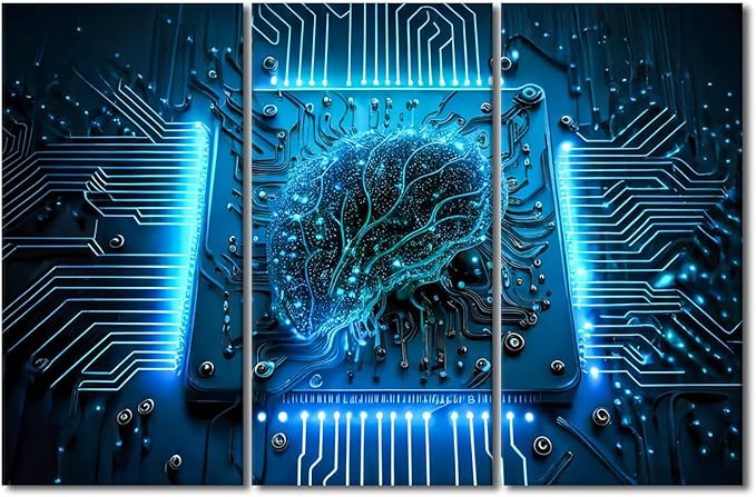 TUMOVO Wall Art for Living Room Artificial Intelligence Posters and Prints 3 Panel Computer Processor Canvas Print Kit for Home Wall Decoration, Modern Artwork Framed Ready to Hang, 60" Wx40 H