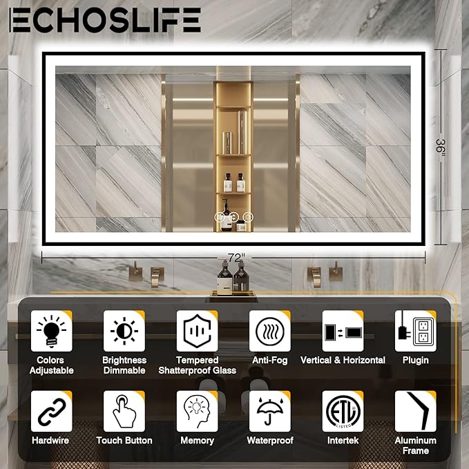 72x36 Bathroom Mirror With Lights - Black Aluminum Framed (Front and Backlit), Anti-Fog LED Lighted Bathroom Mirror,Stepless Dimmable Vanity Mirror,3 Colors Smart Mirror(Horizontal/Vertical)