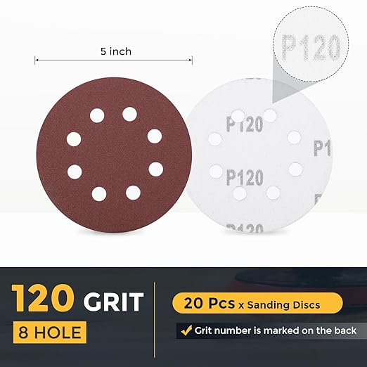 HARFINGTON 20 Pcs 5 Inch Sanding Discs, 120 Grit Hook and Loop Sandpaper, 8-Hole Aluminum Oxide Orbital Sander Sandpaper for Woodworking Automotive Metal Polishing, Red