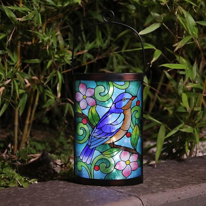 Afirst Hanging Solar Lantern - Decorative Outdoor Glass Solar Bird Lights Waterproof Led Tabletop Lamp for Garden Yard Patio Decor