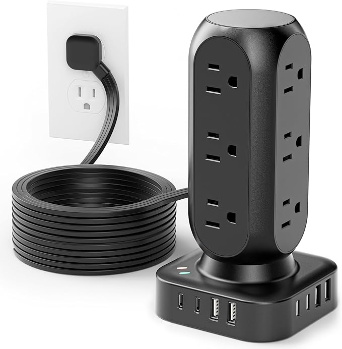 Tower Surge Protector Power Strip, Flat Plug 10FT Extension Cord with Multiple Outlets, 12 AC Outlets & 8 USB Ports, 24W Outlet Extender Overload Protection for Home Office Room