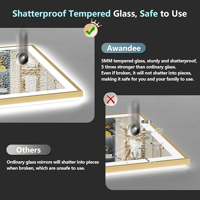 96x36 Gold LED Bathroom Mirror with Lights, Brushed Gold Framed Backlit and Front Lit Anti-Fog Lighted Vanity Mirrors for Bathroom Wall, Dimmable, 3 Colors, Memory, HD Tempered Glass, CRI＞90