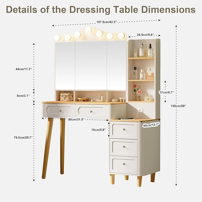 Vanity Desk with Mirror and Lights,Makeup Vanity with 2 USB Power Strip,Vanity Set with Two Drawers and Three-Drawer Chest, 3 Lighting Modes Adjustable Brightness, Foldable Three-Sided Mirror