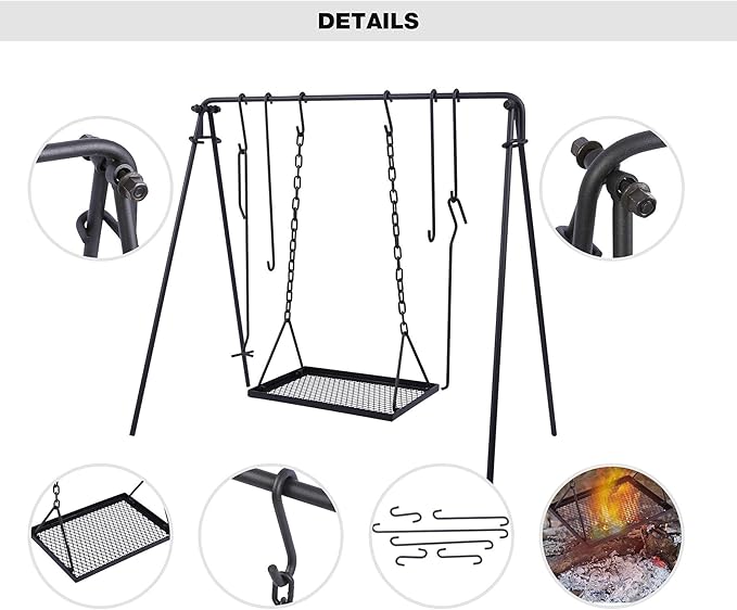 REDCAMP Swing Campfire Grill Stand - Collapsible Campfire Cooking Rack with 6 Hooks & Iron Grill Grate, Portable Dutch Oven Hanger for Outdoor Camping, Cookware, Bonfire, Rectangle