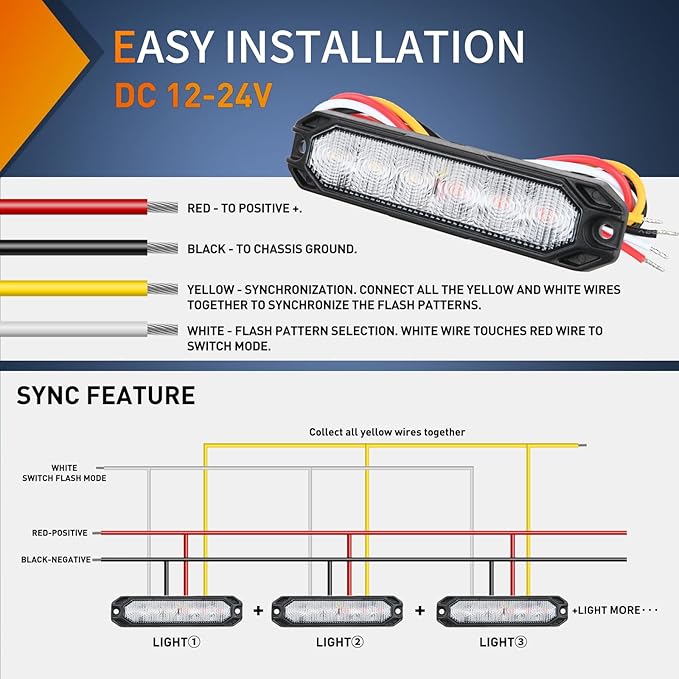 Nilight 6LED Emergency Strobe Lights 4PCS Ultra slim Surface Mount Hazard Caution Light bar 12-24V Sync Feature Warning Flashing Light kit for Truck Car Vehicle ATV SUV UTV Red and White