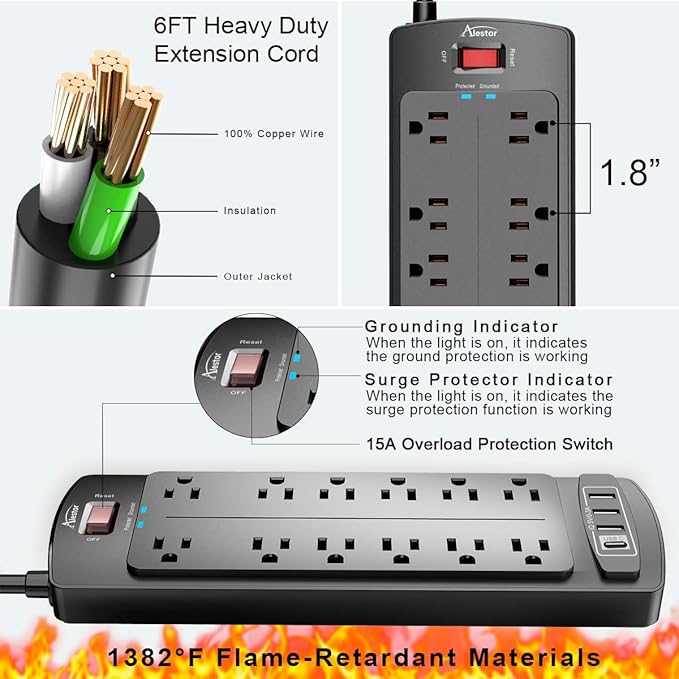 Power Strip, ALESTOR Surge Protector with 12 Outlets and 4 USB Ports, 6 Feet Extension Cord (1875W/15A), 2700 Joules, ETL Listed, Black