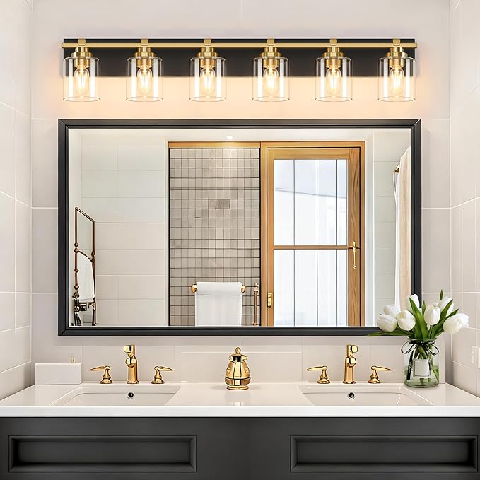 6 Light Modern Bathroom Light Fixtures Over Mirror, Black Gold Vanity Lights for Bathroom Wall Sconces with Clear Glass Shades, E26 Socket (Bulbs Not Included)