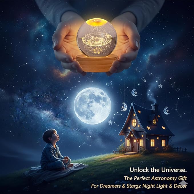 60mm 3D Crystal Ball Night Light, Galaxy Glass Sphere Lamp with 7 Color LED on Wooden Base, Crystal Globe Orb Light for Bedroom Decor, Celestial Space Birthday Gift for Teens Boys Girls (Moon)