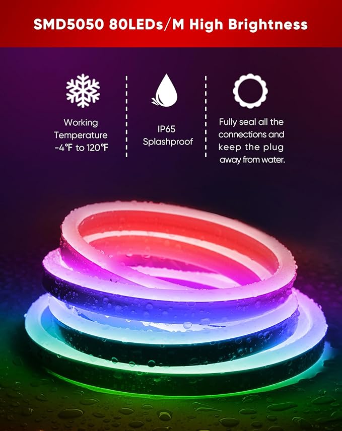 Shine Decor LED RGB Neon Rope Lights AC 120V, Expandable & Cuttable Bright Strip Lighting with Remote, Dimmable Color Changing, ETL Cold-Resistant & IP65 Waterproof for in&Outdoor, 10x20mm, 65.6FT