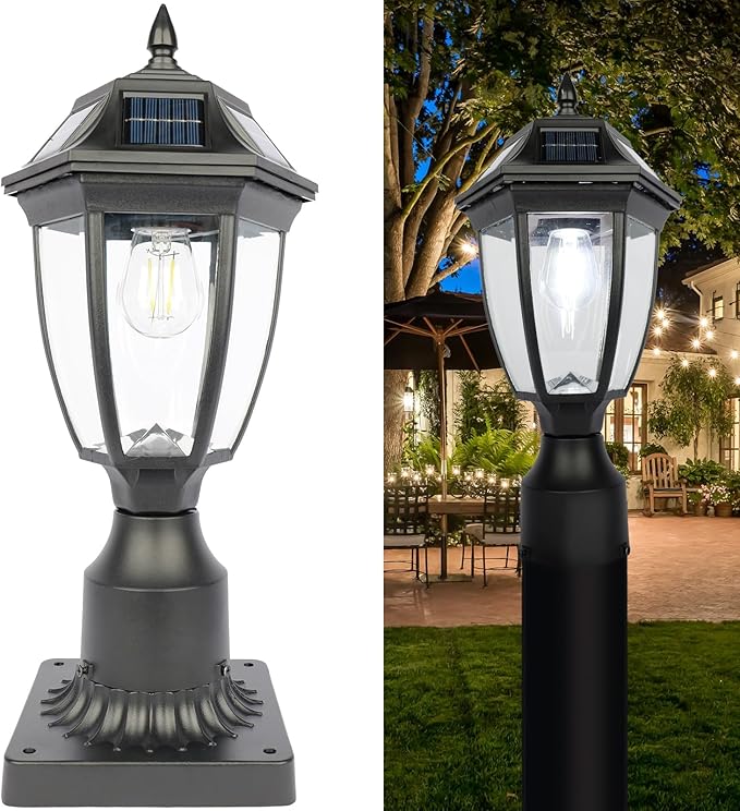 Solar Post Lamp Lights, Dusk to Dawn Solar Post Light with Pier Mount Base, Outdoor Waterproof Motion Sensor Lights for Garden Yard Landscape Pole Pillar (Cool White)