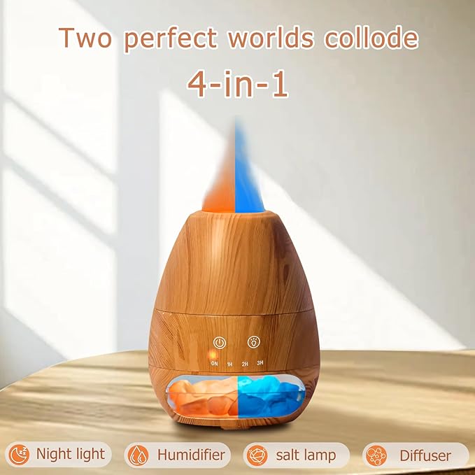 Ultrasonic Essential Oil Diffuser with Himalayan Salt Rock,Flame Diffuser with 2 Color Light,Small Aromatherapy Oil Diffuser with Auto Off Function for Home, Office,Spa,100ML,Wooden Grain