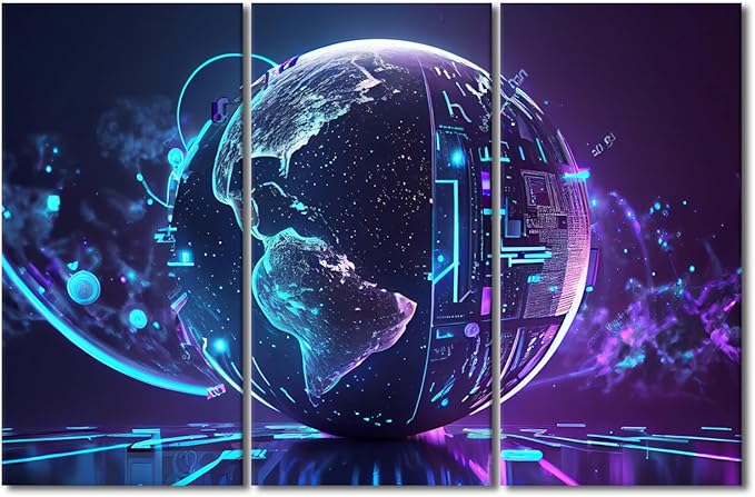 TUMOVO Large Canvas Wall Art Future Energy Power Technology and Internet Connection Concept Pictures Posters, 3 Panel Modern Wall Art for Home Decoration, Framed Ready to Hang, 60" Wx40 H
