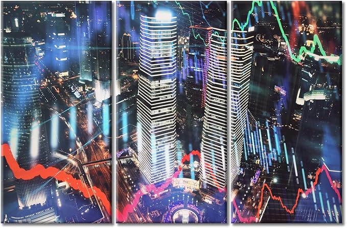 TUMOVO 3 Panel Wall Art Trading Graph on The Cityscape at Night Background Paintings Modern Home Decor Stock Market Picture Wall Decor Living Room Framed Ready to Hang (60" Wx40 H)