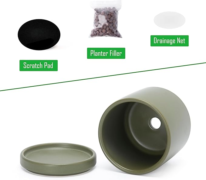 D'vine Dev 3.5 Inch Ceramic Planter Pot with Drainage Hole and Saucer, Indoor Cylinder Round Planter Pot, Olive, 94-O-A-J